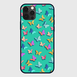 Чехол для iPhone 12 Pro Разноцветные бабочки, цвет: 3D-черный