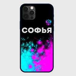 Чехол для iPhone 12 Pro Софья и неоновый герб России: символ сверху, цвет: 3D-черный