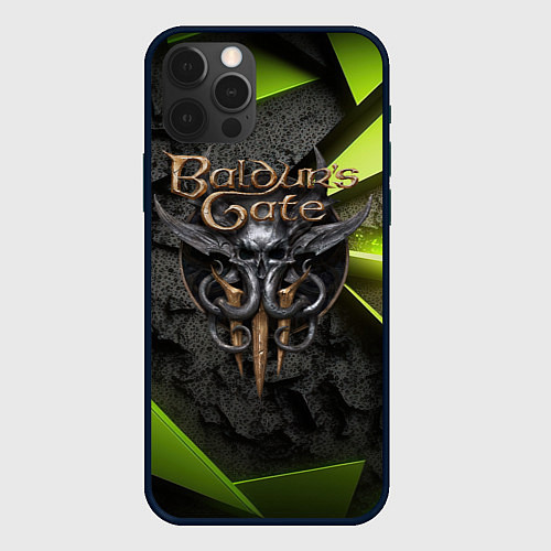 Чехол iPhone 12 Pro Baldurs Gate 3 logo green abstract / 3D-Черный – фото 1