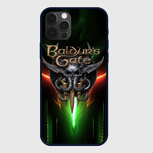 Чехол iPhone 12 Pro Baldurs Gate 3 logo green red light / 3D-Черный – фото 1