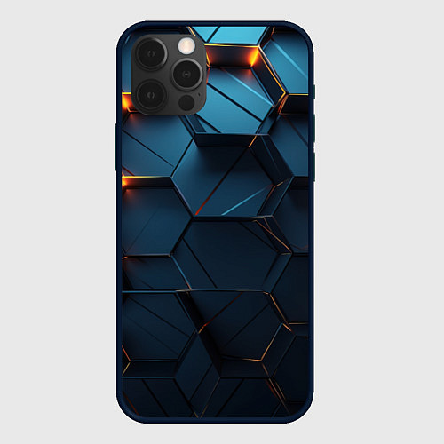 Чехол iPhone 12 Pro Синие объемные плиты с оранжевыми вставками / 3D-Черный – фото 1