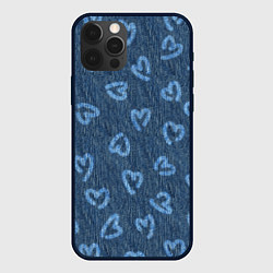 Чехол для iPhone 12 Pro Hearts on denim, цвет: 3D-черный