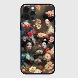 Чехол для iPhone 12 Pro Гейша в цветах, цвет: 3D-черный