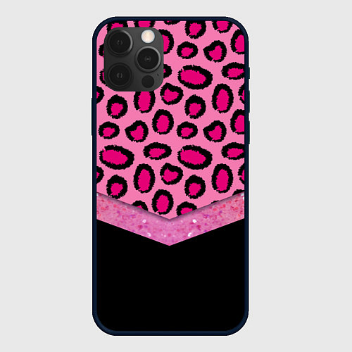 Чехол iPhone 12 Pro Розовый леопард и блестки принт / 3D-Черный – фото 1