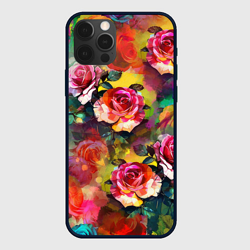 Чехол iPhone 12 Pro Паттерн с розами - яркие цвета / 3D-Черный – фото 1