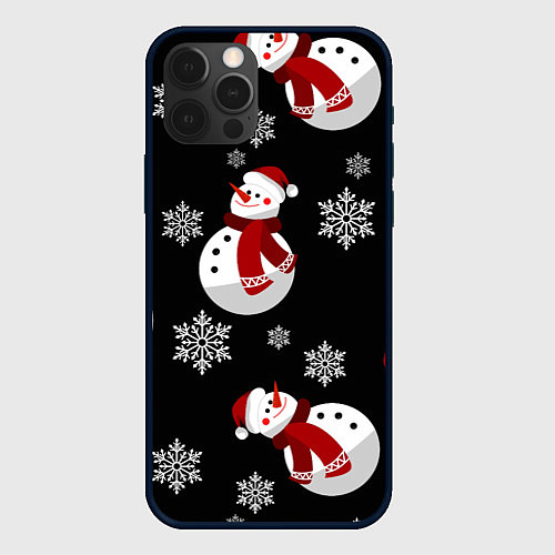 Чехол iPhone 12 Pro Снеговички в зимних шапочках со снежинками / 3D-Черный – фото 1