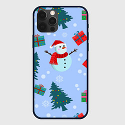 Чехол для iPhone 12 Pro Снеговики с новогодними подарками паттерн, цвет: 3D-черный