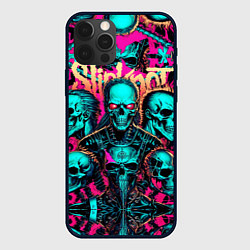 Чехол для iPhone 12 Pro Slipknot на фоне рок черепов, цвет: 3D-черный