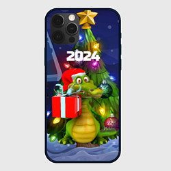 Чехол для iPhone 12 Pro Дракон с подарком у елки, цвет: 3D-черный