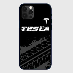 Чехол для iPhone 12 Pro Tesla speed на темном фоне со следами шин посереди, цвет: 3D-черный