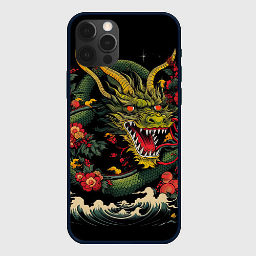 Чехол iPhone 12 Pro Зеленый дракон / 3D-Черный – фото 1