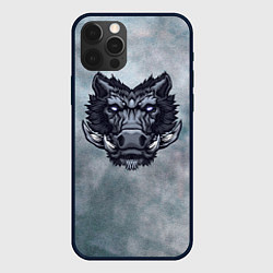 Чехол для iPhone 12 Pro Стальной дикий кабан на сером фоне, цвет: 3D-черный