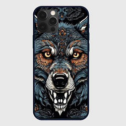 Чехол для iPhone 12 Pro Дикий волк с узорами, цвет: 3D-черный