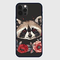 Чехол для iPhone 12 Pro Влюбленный енот с сердечками и цветами, цвет: 3D-черный