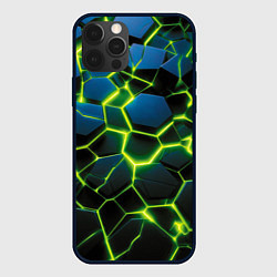 Чехол для iPhone 12 Pro Разлом зеленых неоновых плит, цвет: 3D-черный