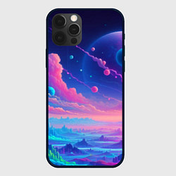 Чехол для iPhone 12 Pro Fantastic space landscape - neon glow, цвет: 3D-черный