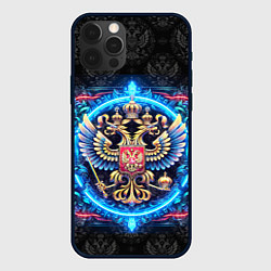 Чехол для iPhone 12 Pro Яркий неоновый герб России, цвет: 3D-черный
