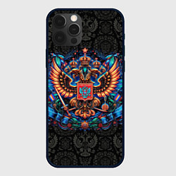 Чехол для iPhone 12 Pro Золотой неоновый герб России, цвет: 3D-черный