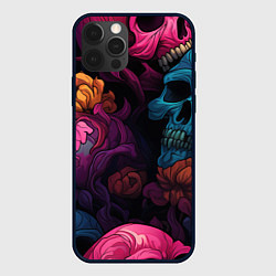 Чехол для iPhone 12 Pro Яркие цветы с черепами, цвет: 3D-черный