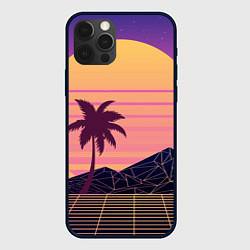 Чехол для iPhone 12 Pro Vaporwave геометрические горы и силуэты пальм, цвет: 3D-черный