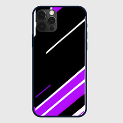 Чехол для iPhone 12 Pro Бело-фиолетовые полосы на чёрном фоне, цвет: 3D-черный