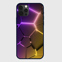 Чехол для iPhone 12 Pro Желто-фиолетовые неоновые плиты в разломе, цвет: 3D-черный