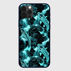 Чехол для iPhone 12 Pro Карпы кои и водопад - бирюзовый неон, цвет: 3D-черный