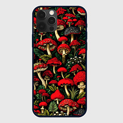 Чехол для iPhone 12 Pro Лесные красные грибы мухоморы - паттерн, цвет: 3D-черный