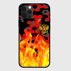 Чехол для iPhone 12 Pro Герб РФ броня в огне, цвет: 3D-черный