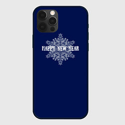 Чехол для iPhone 12 Pro Happy New Year синий со снежинкой, цвет: 3D-черный