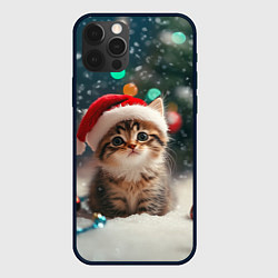 Чехол для iPhone 12 Pro Новогодний котенок и снег, цвет: 3D-черный