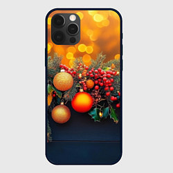 Чехол для iPhone 12 Pro Новогодние шары и рябина, цвет: 3D-черный