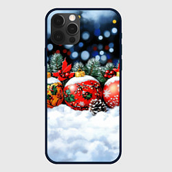 Чехол для iPhone 12 Pro Новогодние шарики на снегу, цвет: 3D-черный