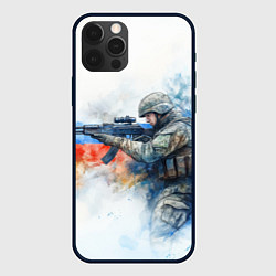 Чехол для iPhone 12 Pro Русский солдат и флаг России, цвет: 3D-черный