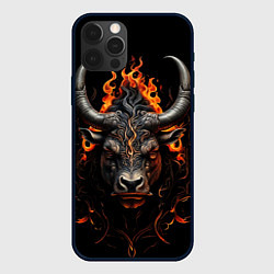 Чехол для iPhone 12 Pro Голова быка в пламени огня, цвет: 3D-черный