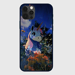 Чехол для iPhone 12 Pro Синий единорог в кустах, цвет: 3D-черный