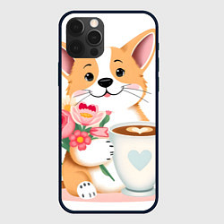 Чехол для iPhone 12 Pro Поздравляющий корги с цветами, цвет: 3D-черный