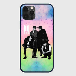 Чехол для iPhone 12 Pro BTS черно-белый стиль на радужном фоне, цвет: 3D-черный