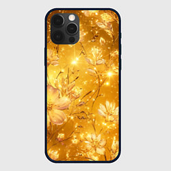 Чехол для iPhone 12 Pro Цветочный золотой с искрами, цвет: 3D-черный