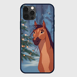 Чехол для iPhone 12 Pro Лошадь на фоне новогодней елки, цвет: 3D-черный
