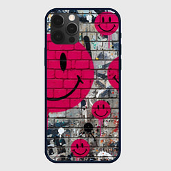 Чехол для iPhone 12 Pro Розовые смайлы граффити, цвет: 3D-черный