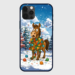 Чехол для iPhone 12 Pro Новогодняя лошадь в гирлянде, цвет: 3D-черный