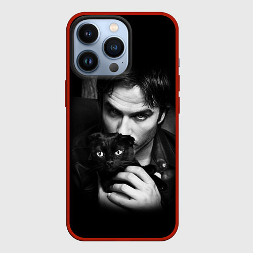 Чехол iPhone 13 Pro Деймон Сальваторе с котом / 3D-Красный – фото 1