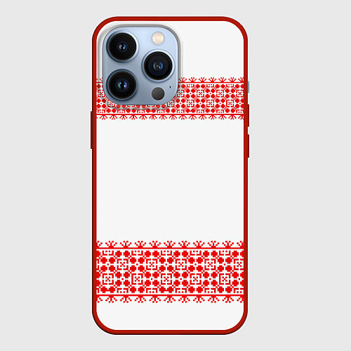 Чехол iPhone 13 Pro Славянский орнамент (на белом) / 3D-Красный – фото 1