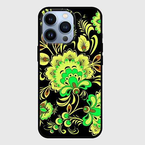 Чехол iPhone 13 Pro Хохлома: черный и салатовый / 3D-Черный – фото 1