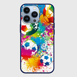 Чехол для iPhone 13 Pro Футбольные мячи - красочные брызги, цвет: 3D-тёмно-синий