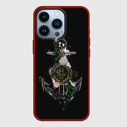 Чехол для iPhone 13 Pro Якорь с компасом и цветами, цвет: 3D-красный