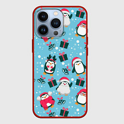 Чехол для iPhone 13 Pro Новогодние Пингвины, цвет: 3D-красный