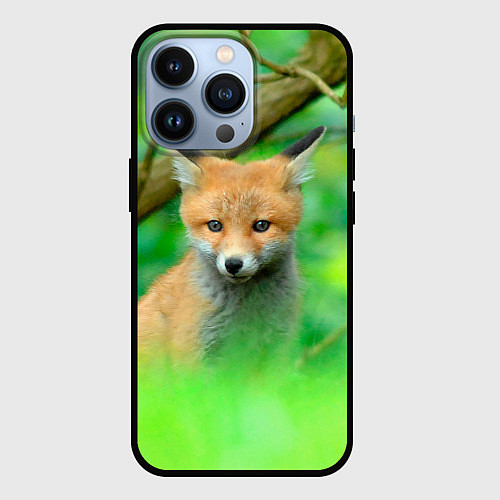 Чехол iPhone 13 Pro Лисенок в зеленом лесу / 3D-Черный – фото 1