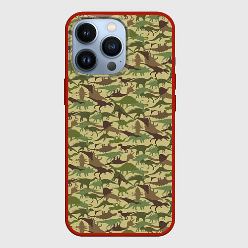Чехол iPhone 13 Pro Динозавры камуфляж / 3D-Красный – фото 1